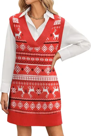 Zeagoo Women's Oversized Sweater Vest Dress V Neck Knit Pullover Sweater Vest Sleeveless Sweater Loose Casual Vest Dress
