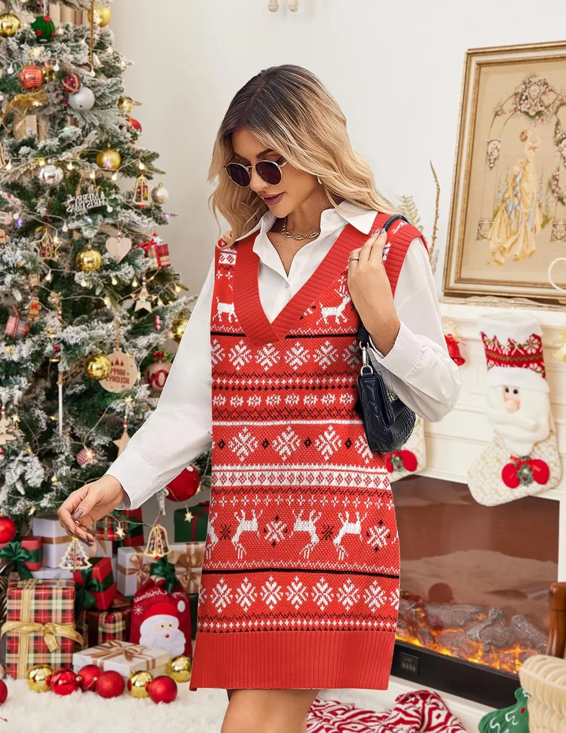 Zeagoo Women's Oversized Sweater Vest Dress V Neck Knit Pullover Sweater Vest Sleeveless Sweater Loose Casual Vest Dress