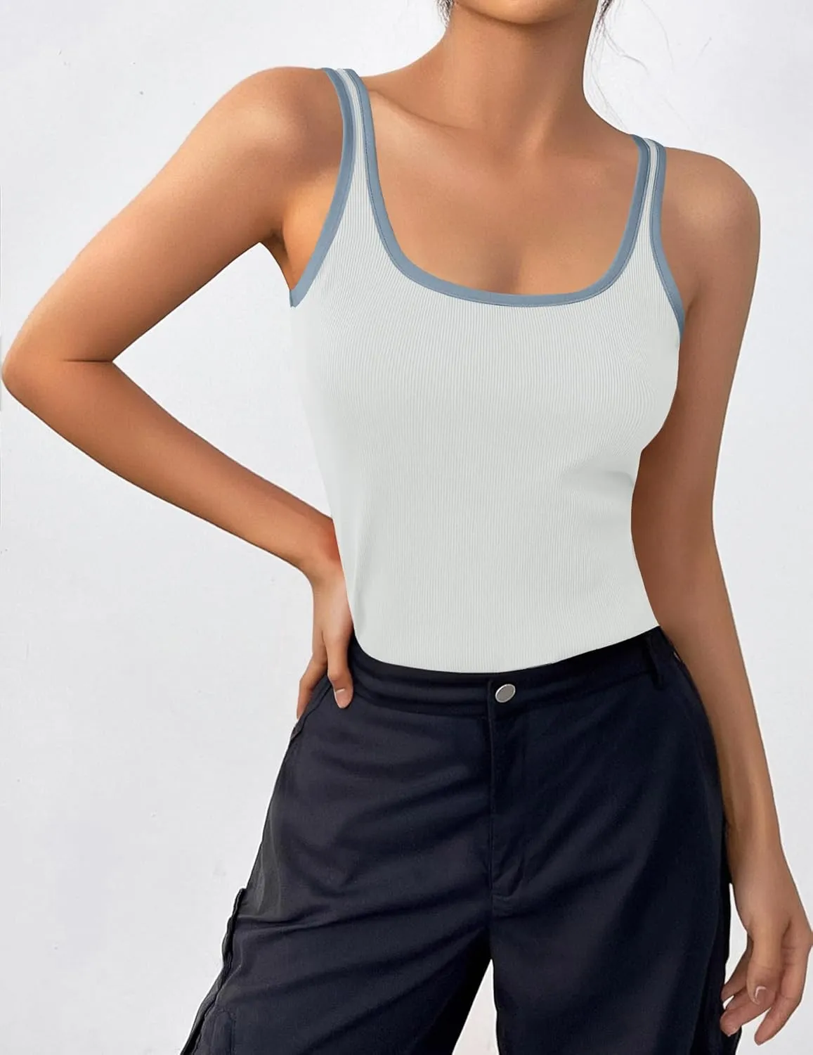 Zeagoo Womens Ribbed Tank Tops Square Neck Summer Tops Slim Fitted Spaghetti Strap Camisole Basic Sleeveless Layering Shirts