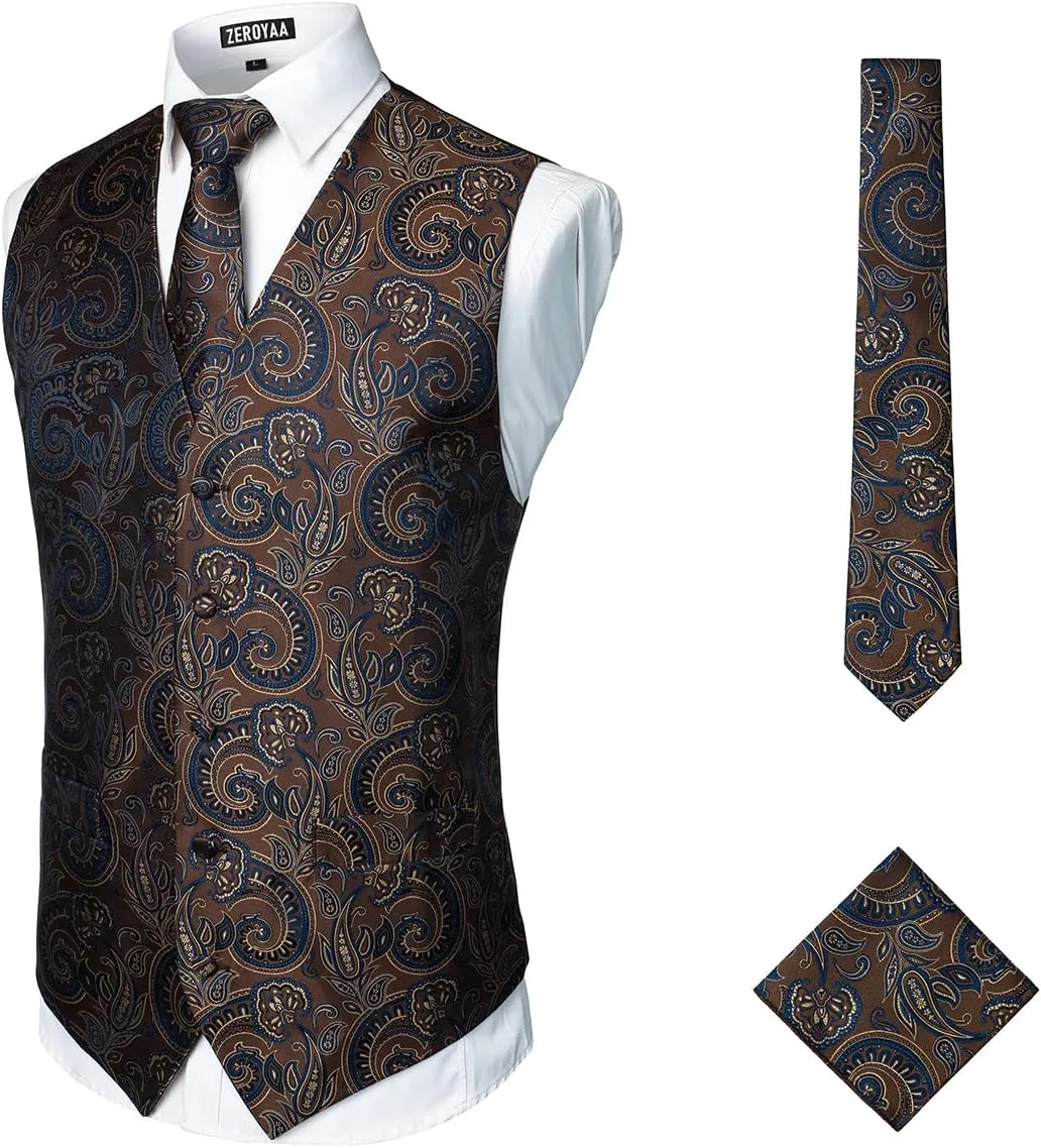 ZEROYAA Mens Classic 3pc Jacquard Paisley Vest Set Necktie Pocket Square Waistcoat for Suit or Tuxedo