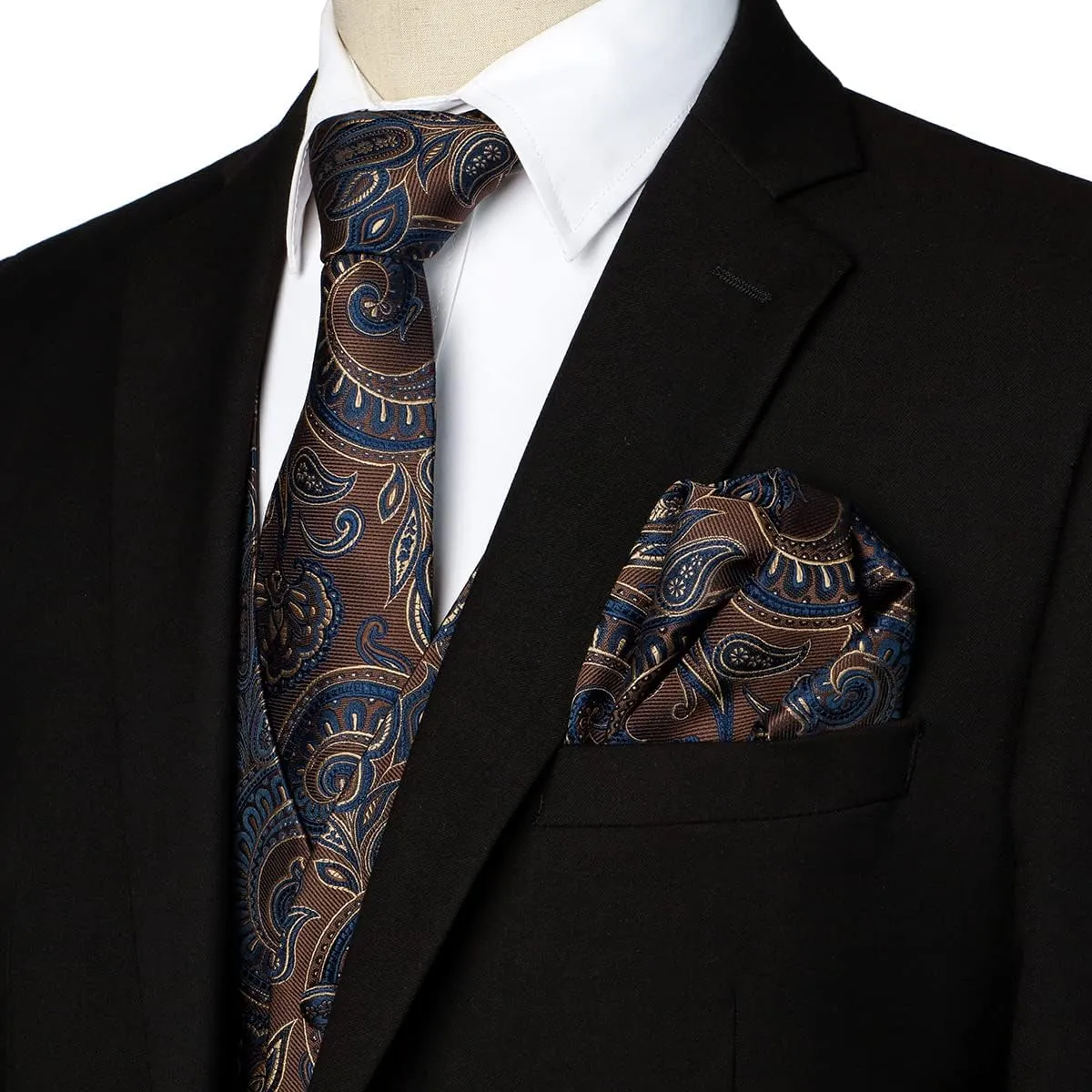 ZEROYAA Mens Classic 3pc Jacquard Paisley Vest Set Necktie Pocket Square Waistcoat for Suit or Tuxedo