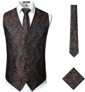 ZEROYAA Mens Classic 3pc Jacquard Paisley Vest Set Necktie Pocket Square Waistcoat for Suit or Tuxedo