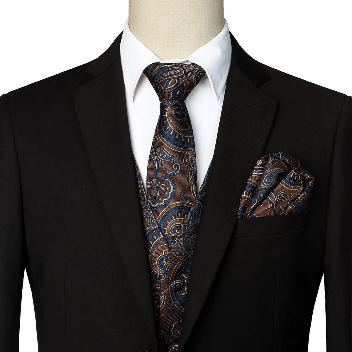 ZEROYAA Mens Classic 3pc Jacquard Paisley Vest Set Necktie Pocket Square Waistcoat for Suit or Tuxedo