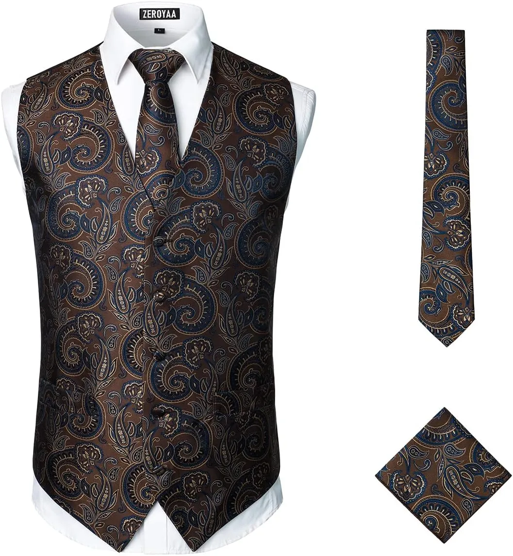 ZEROYAA Mens Classic 3pc Jacquard Paisley Vest Set Necktie Pocket Square Waistcoat for Suit or Tuxedo