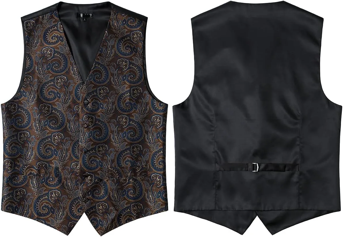 ZEROYAA Mens Classic 3pc Jacquard Paisley Vest Set Necktie Pocket Square Waistcoat for Suit or Tuxedo