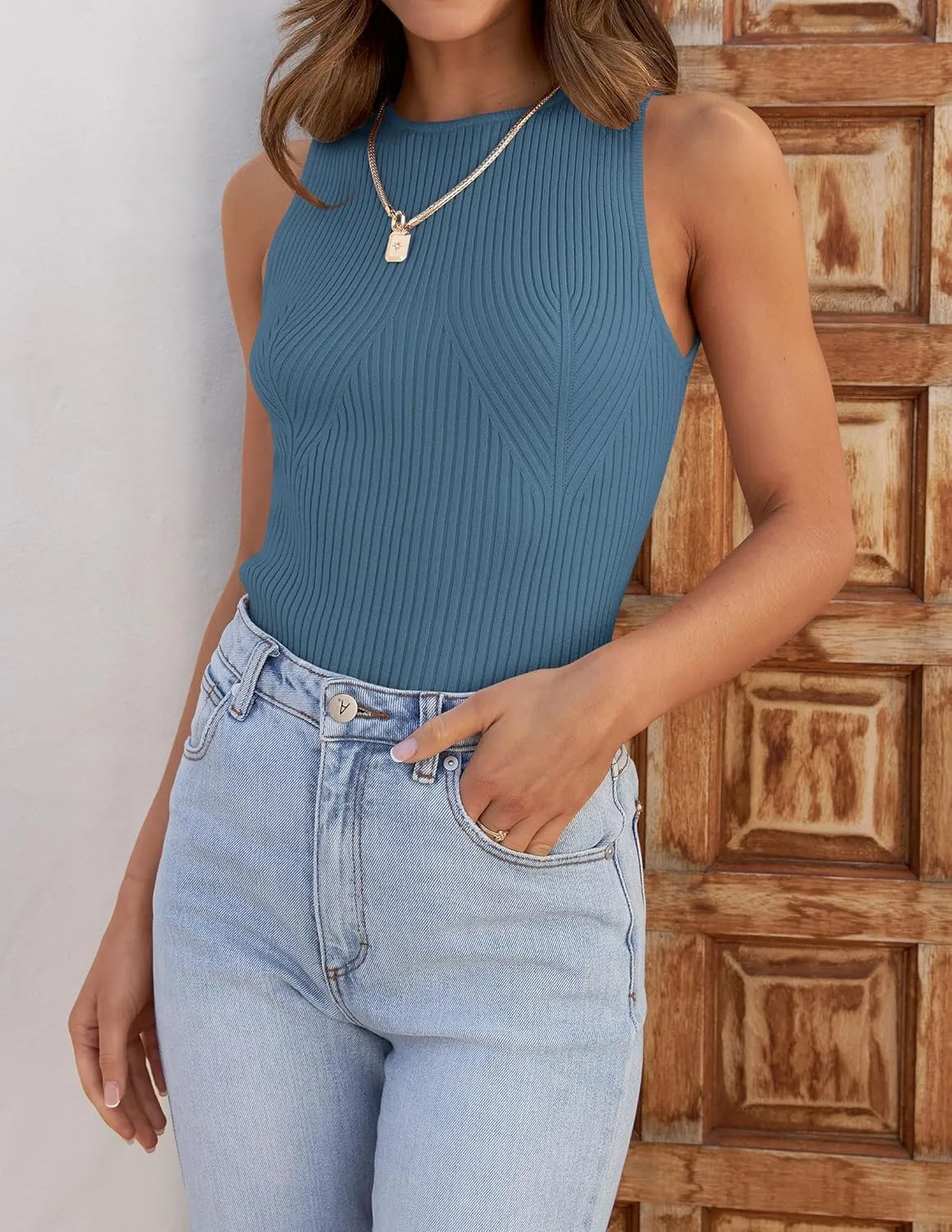 ZESICA Womens 2025 Ribbed Tank Tops Summer Sleeveless High Neck Casual Slim Fitted Basic Knit Shirts