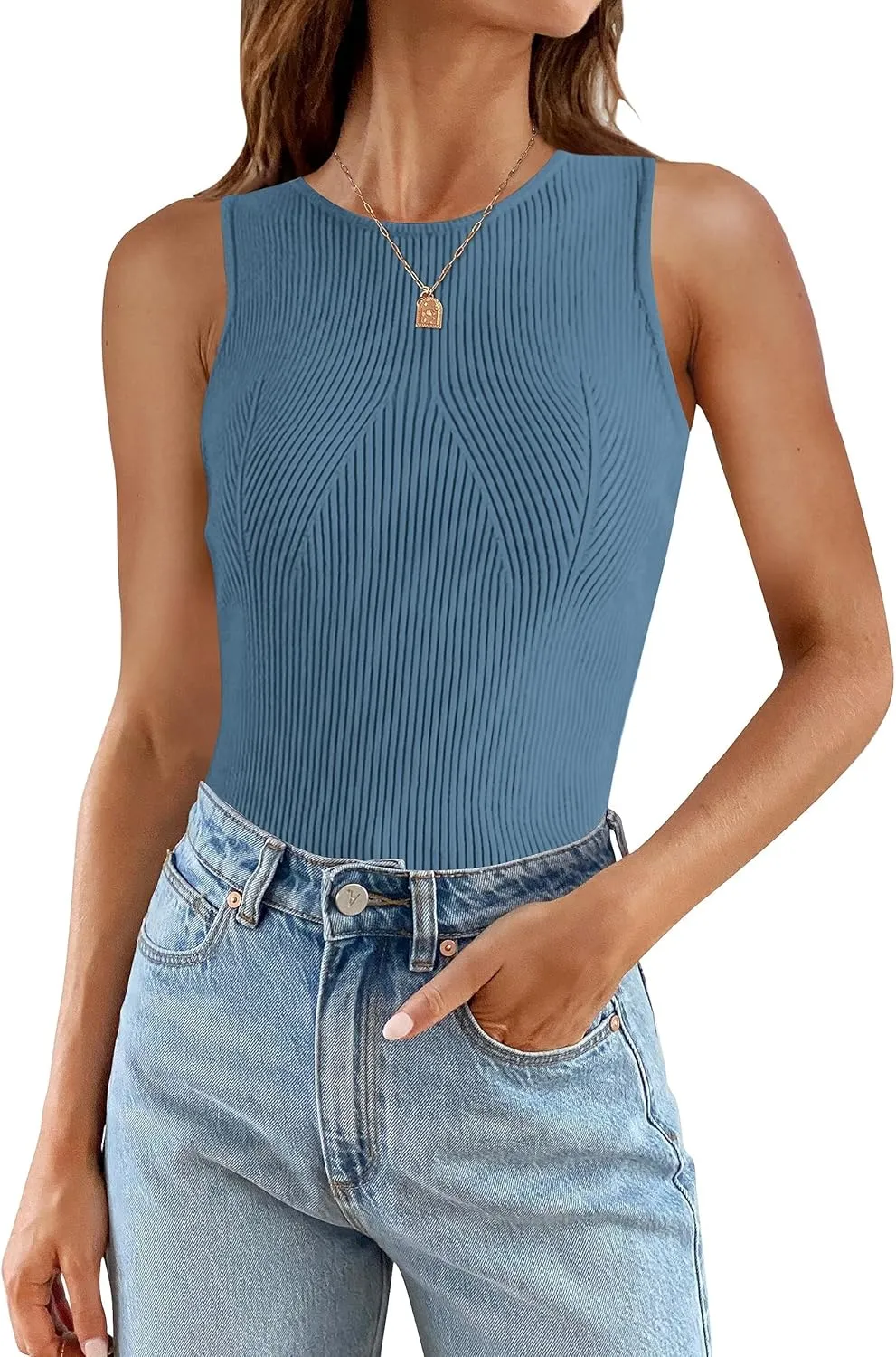 ZESICA Womens 2025 Ribbed Tank Tops Summer Sleeveless High Neck Casual Slim Fitted Basic Knit Shirts