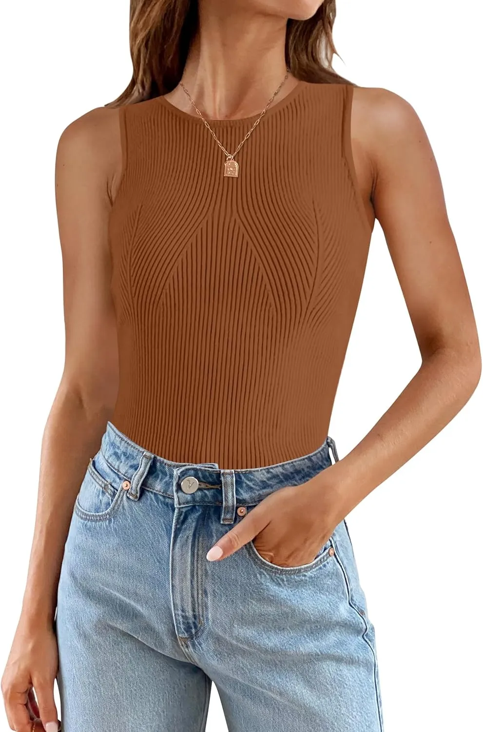 ZESICA Womens 2025 Ribbed Tank Tops Summer Sleeveless High Neck Casual Slim Fitted Basic Knit Shirts