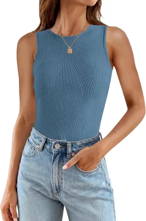 ZESICA Womens 2025 Ribbed Tank Tops Summer Sleeveless High Neck Casual Slim Fitted Basic Knit Shirts