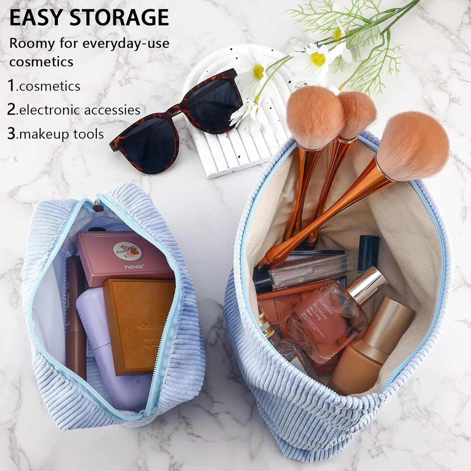 ZLFSRQ 2Pcs Corduroy Makeup Bag Cute Travel Cosmetic Bag Set for Women Large Small Corduroy Zipper Makeup Pouch for Purse Pencil Pouch Aesthetic Portable Trendy Toiletry Bags Organizer (Blue)