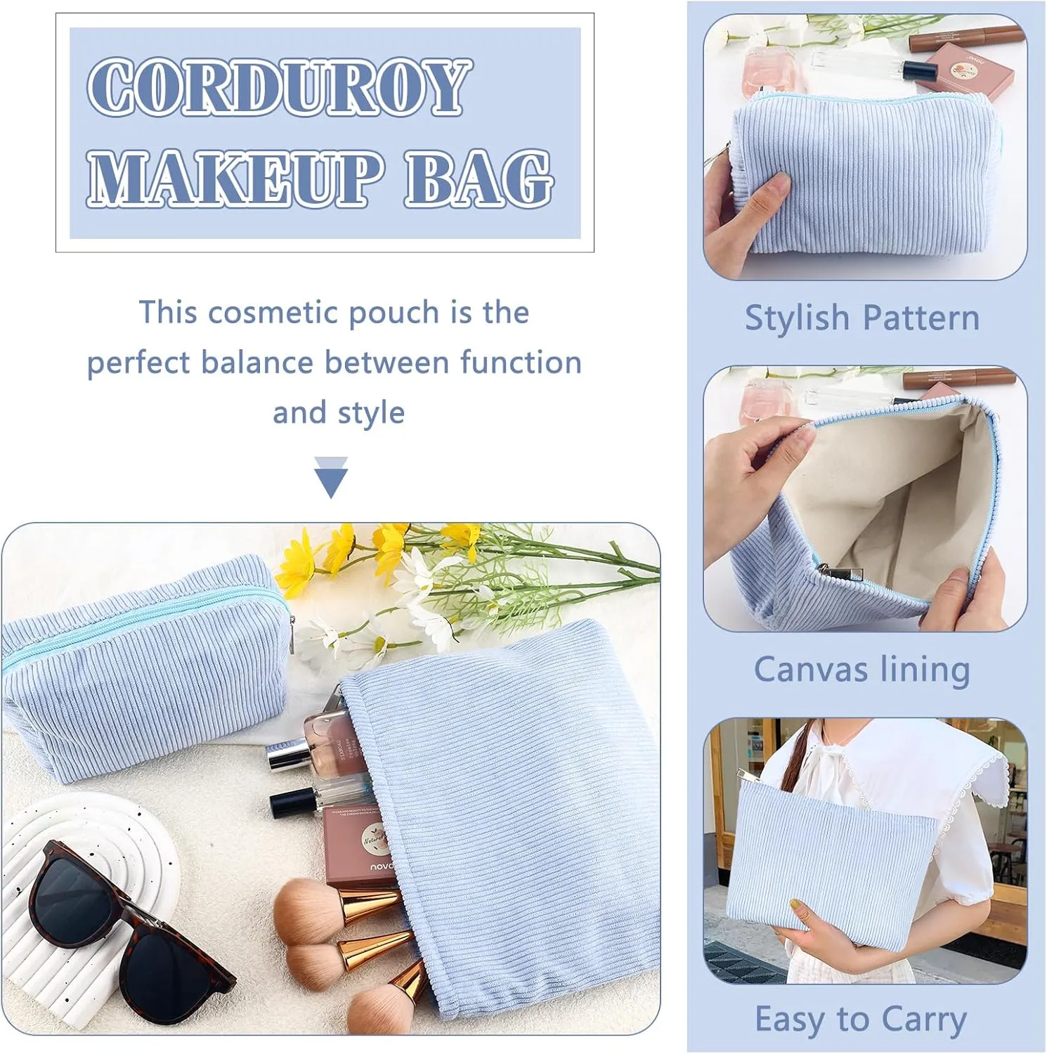 ZLFSRQ 2Pcs Corduroy Makeup Bag Cute Travel Cosmetic Bag Set for Women Large Small Corduroy Zipper Makeup Pouch for Purse Pencil Pouch Aesthetic Portable Trendy Toiletry Bags Organizer (Blue)