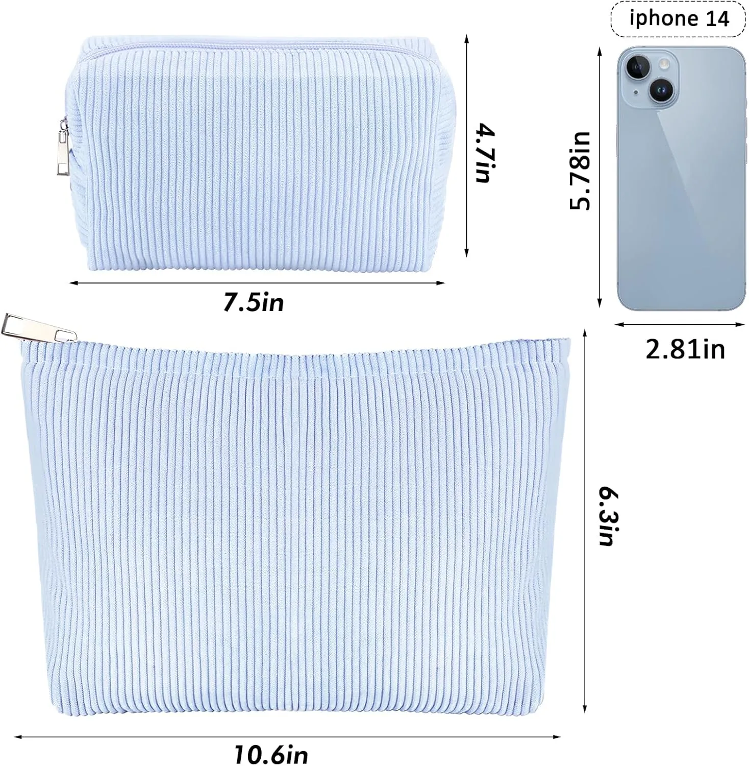 ZLFSRQ 2Pcs Corduroy Makeup Bag Cute Travel Cosmetic Bag Set for Women Large Small Corduroy Zipper Makeup Pouch for Purse Pencil Pouch Aesthetic Portable Trendy Toiletry Bags Organizer (Blue)