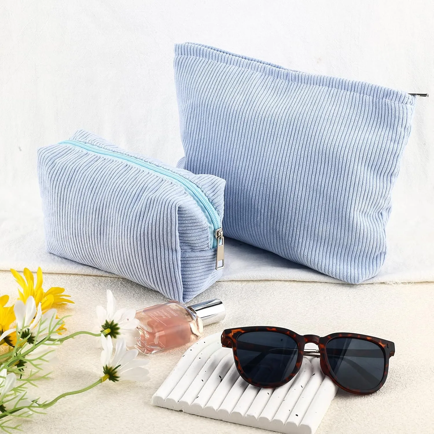 ZLFSRQ 2Pcs Corduroy Makeup Bag Cute Travel Cosmetic Bag Set for Women Large Small Corduroy Zipper Makeup Pouch for Purse Pencil Pouch Aesthetic Portable Trendy Toiletry Bags Organizer (Blue)