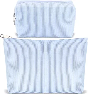 ZLFSRQ 2Pcs Corduroy Makeup Bag Cute Travel Cosmetic Bag Set for Women Large Small Corduroy Zipper Makeup Pouch for Purse Pencil Pouch Aesthetic Portable Trendy Toiletry Bags Organizer (Blue)