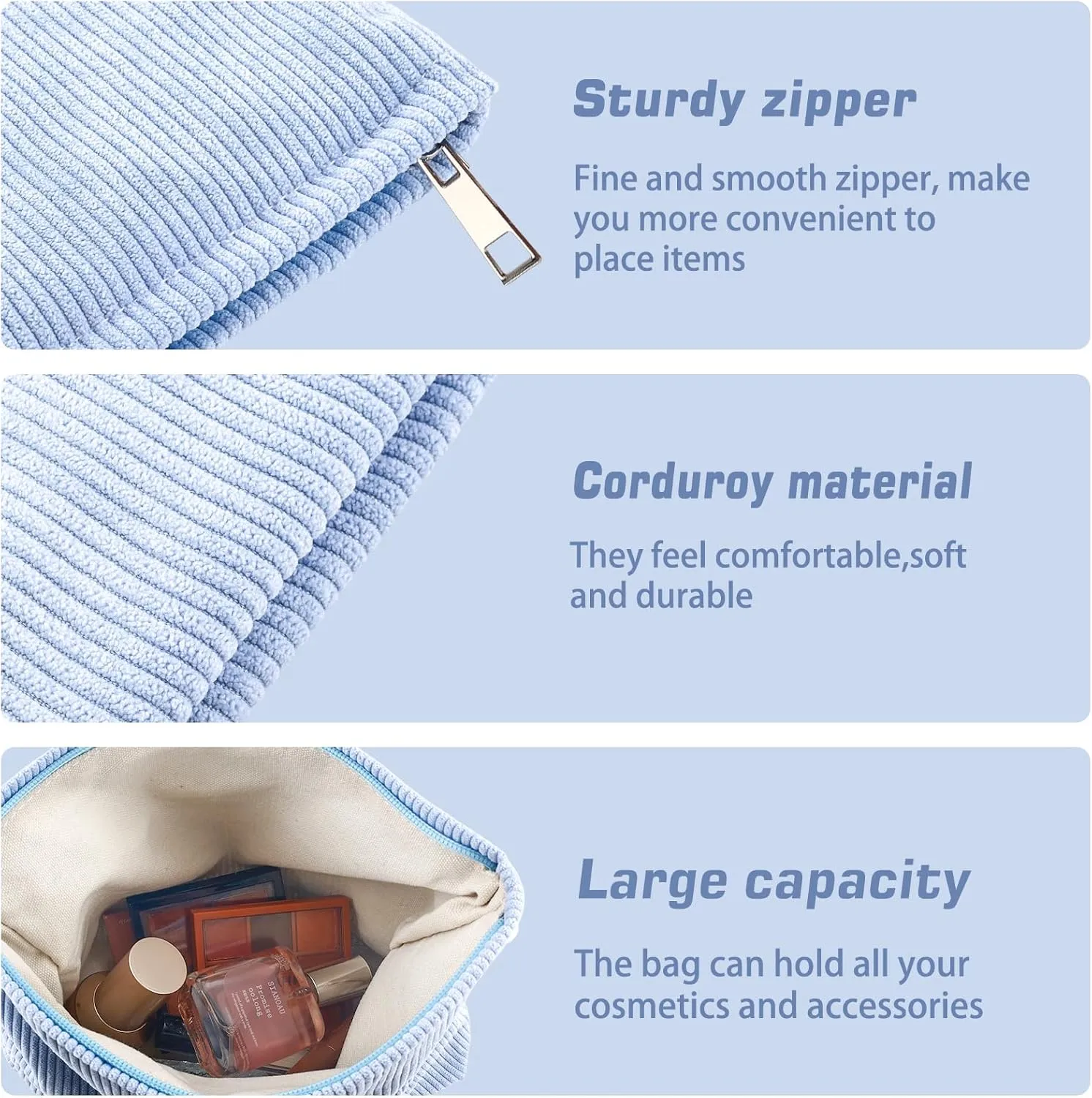 ZLFSRQ 2Pcs Corduroy Makeup Bag Cute Travel Cosmetic Bag Set for Women Large Small Corduroy Zipper Makeup Pouch for Purse Pencil Pouch Aesthetic Portable Trendy Toiletry Bags Organizer (Blue)