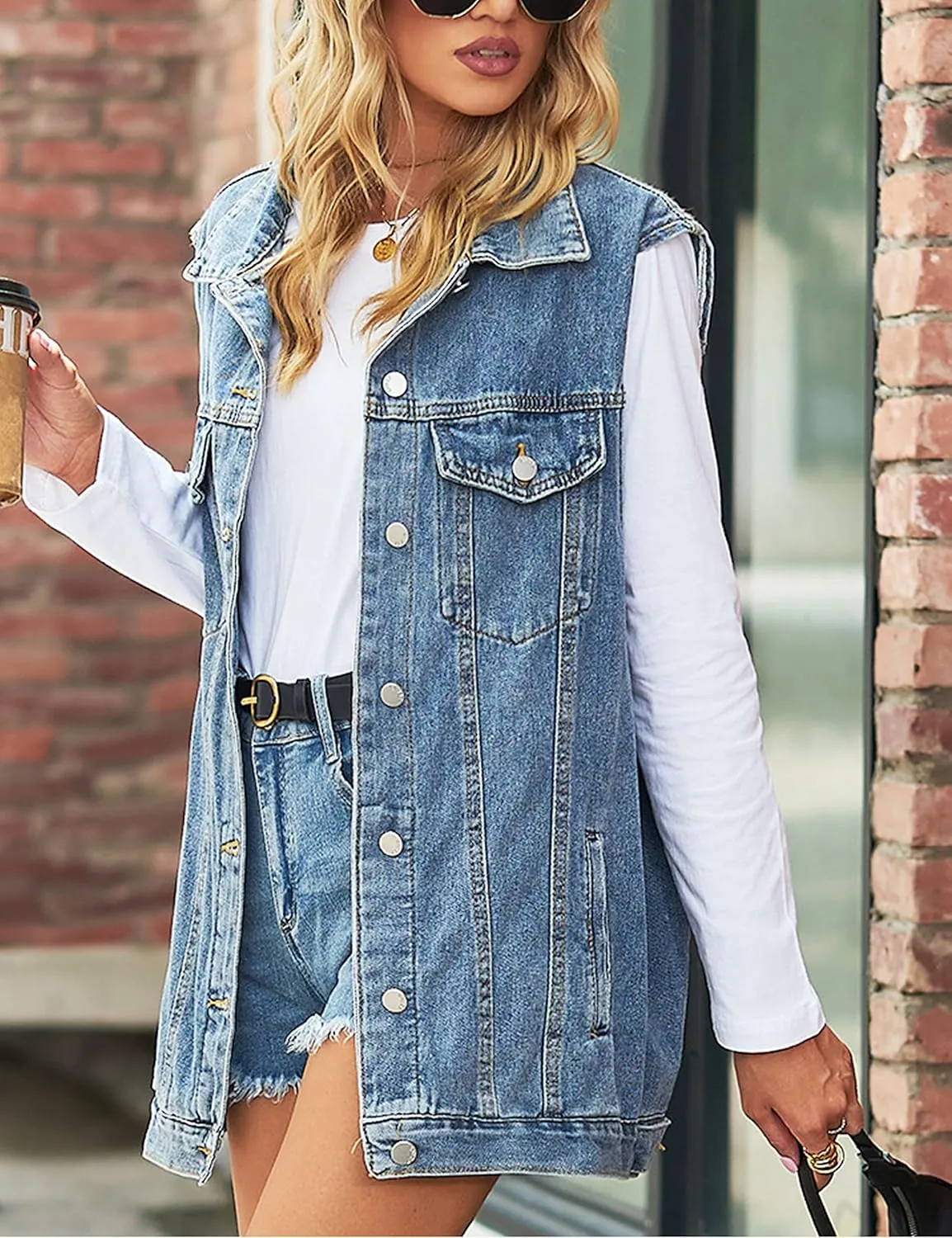 Zontroldy Denim Jean Vest for Women Sleeveless Oversized Button Down Denim Jean Vest Waistcoat Shacket Jacket